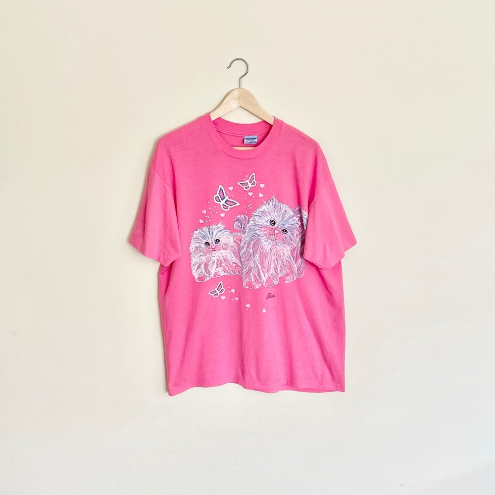 Vintage 80s 90s Sparkle Kittens Texas Graphic Pink SingleStitch T Shirt Adult XL
